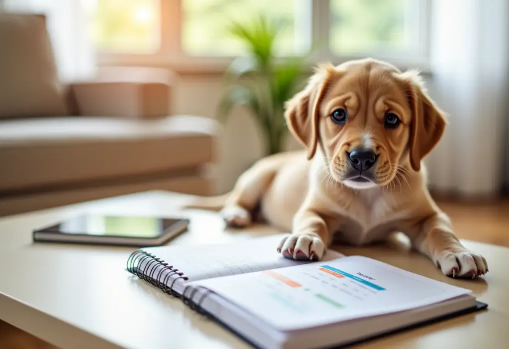 Planilha de vacinação do cachorro: o guia COMPLETO e editável Planilha de vacinação de cachorro organizada ao lado de um filhote brincalhão