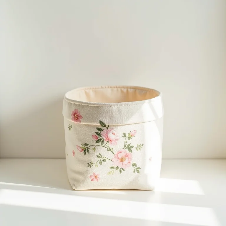 Porta treco de tecido com estampa floral em prateleira branca.