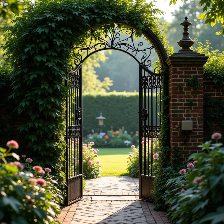 Portão de ferro forjado coberto de trepadeiras e flores, entrada para um jardim secreto