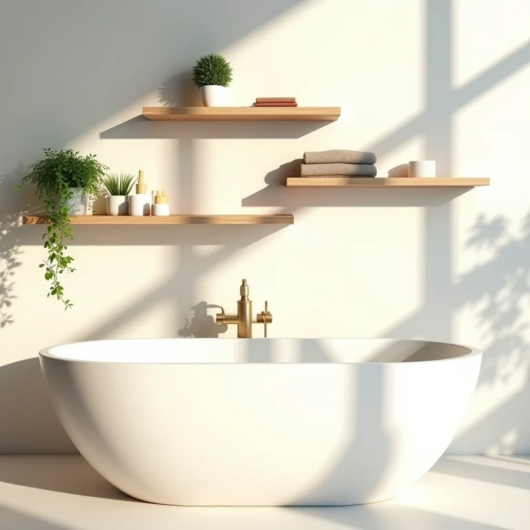 Prateleiras aéreas otimizando paredes verticais em banheiro pequeno