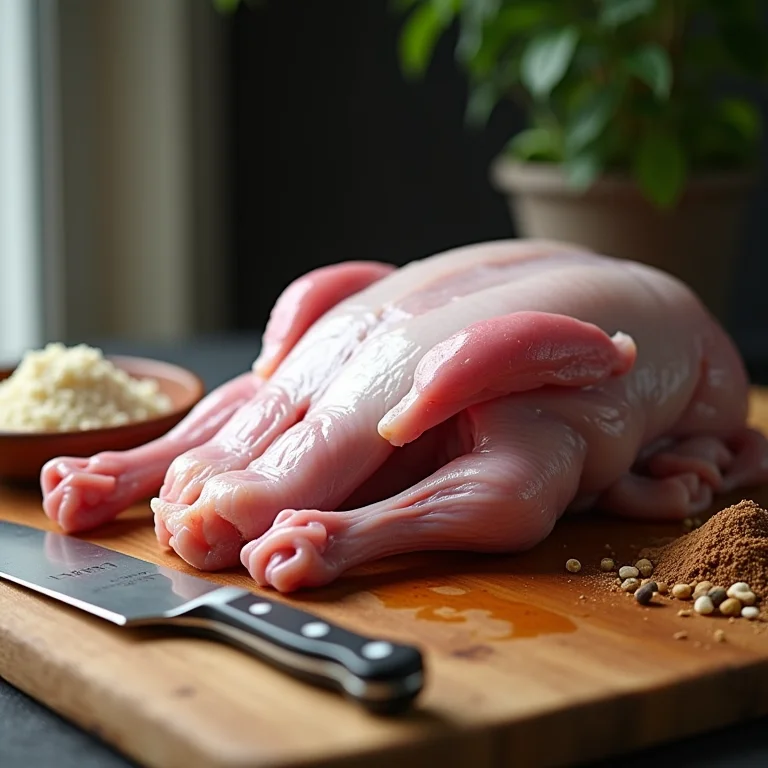 Preparo de pato cru em uma tábua de corte