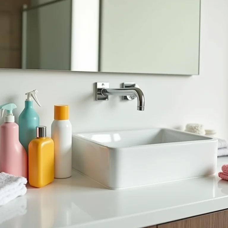 Produtos de limpeza organizados ao lado de pia de banheiro impecável