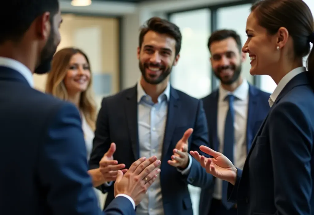 Profissionais em reunião de vendas, um deles apresentando com confiança