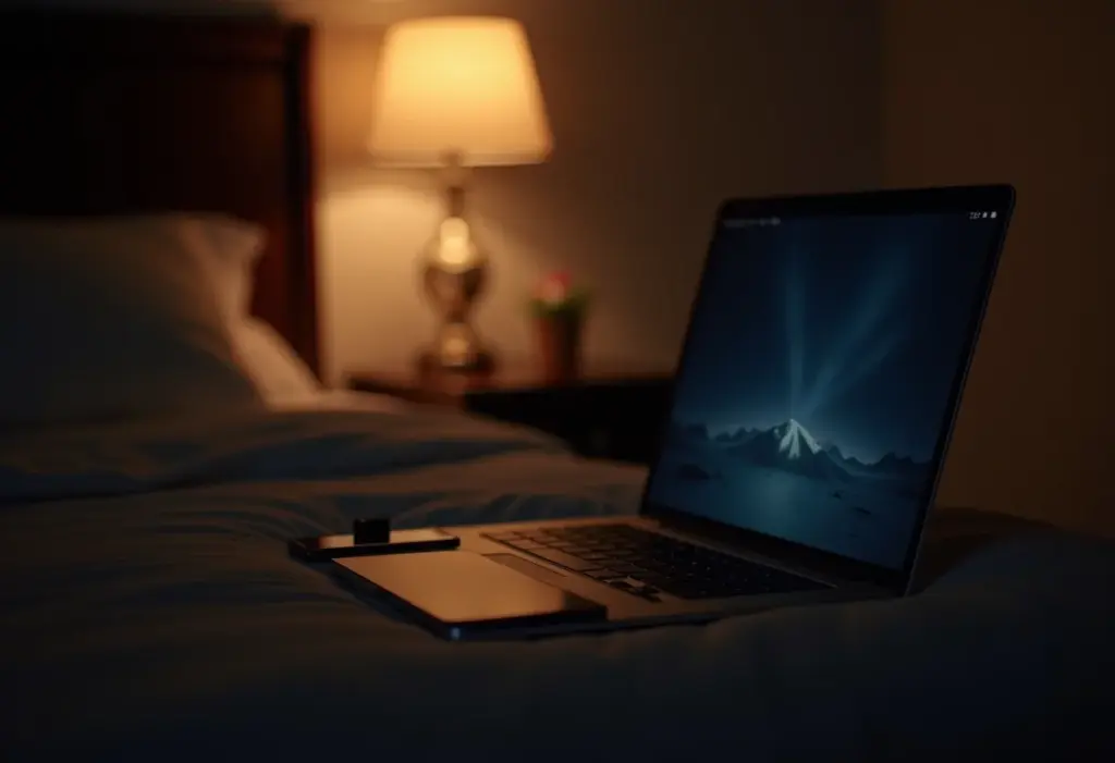 Quarto com iluminação suave e dispositivos com modo noturno ativado