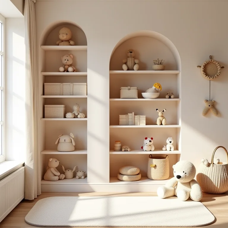 Quarto infantil moderno com nichos e prateleiras organizadoras.