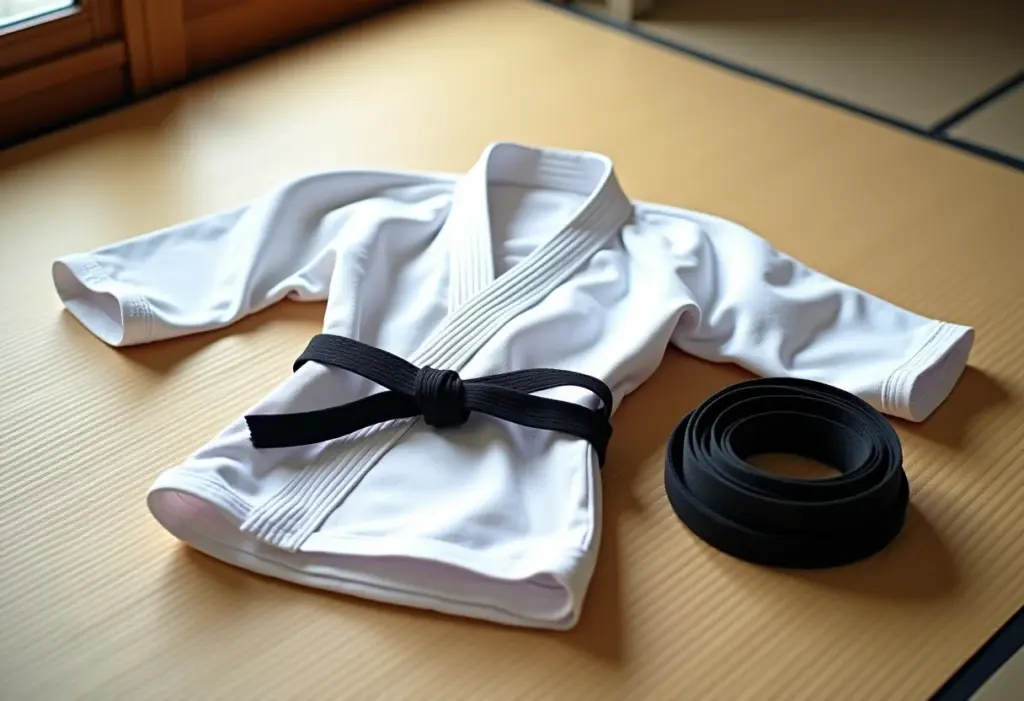 Quimono de karatê e faixa preta sobre tatame