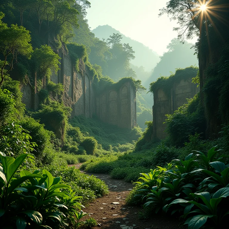 Ruínas antigas escondidas em meio à selva densa e misteriosa