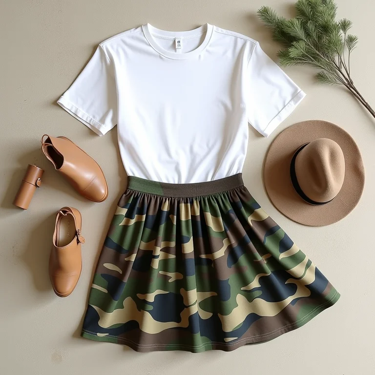 Saia camuflada com peças neutras em flat lay