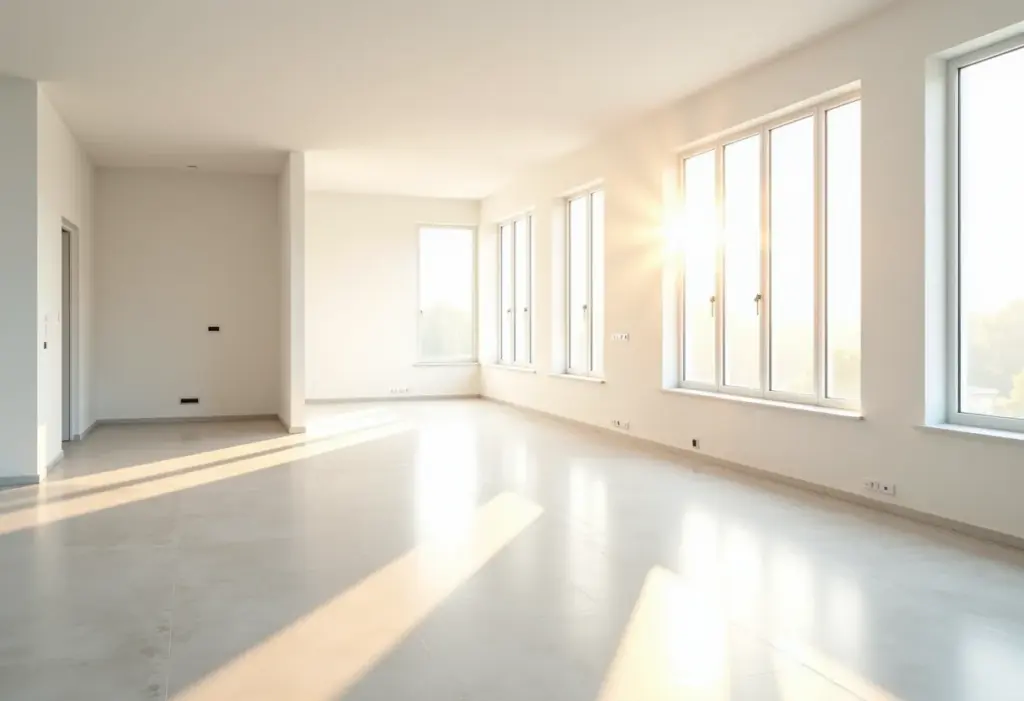 Limpeza pós-obra: o guia definitivo para não deixar NADA passar Sala de estar ampla e luminosa em processo de limpeza pós-obra.