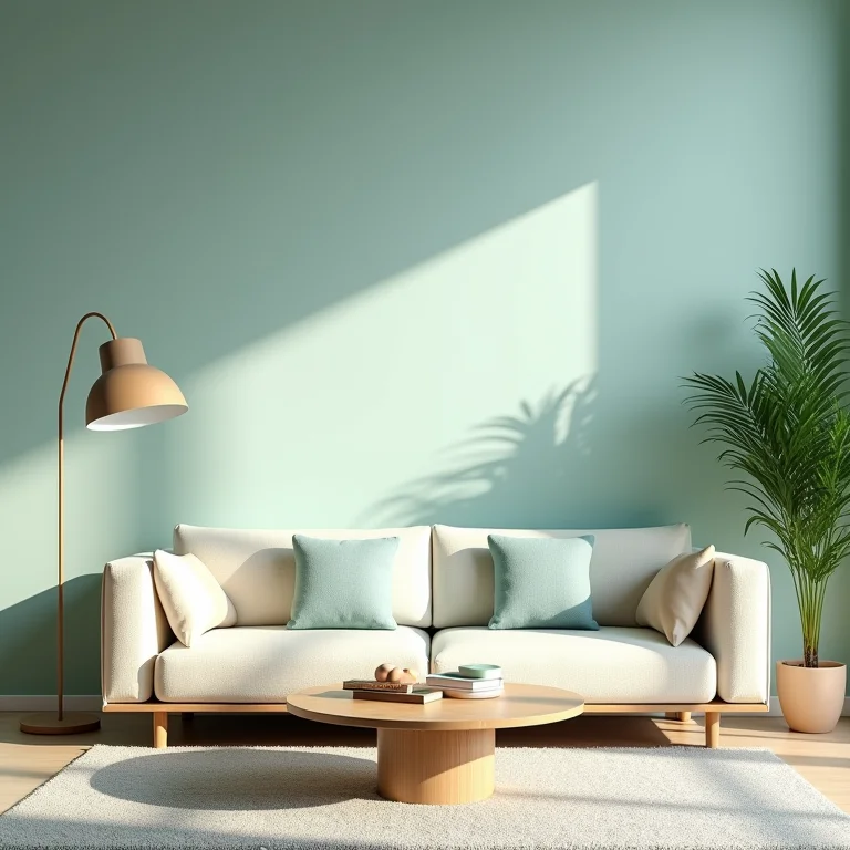 Sala de estar com paleta de cores relaxantes em tons de azul, verde e creme.