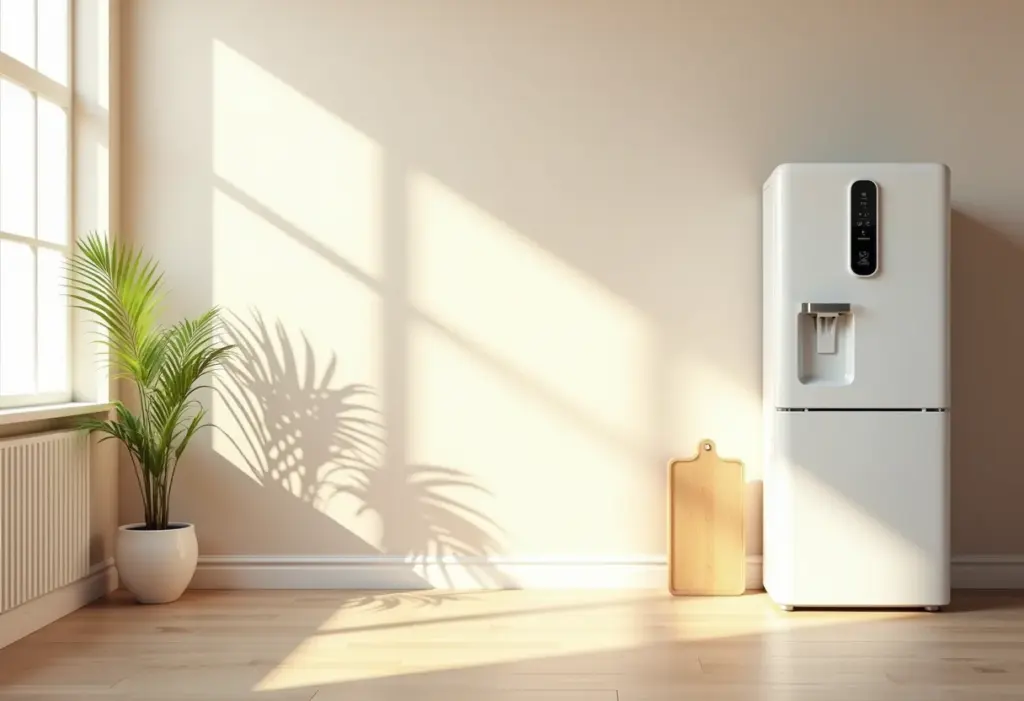 Sala de estar iluminada com eletrodomésticos modernos e eficientes, foco em economia de energia