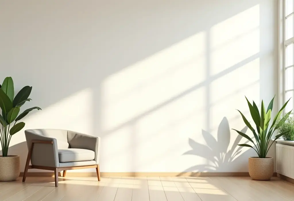 Sala de estar relaxante com decoração minimalista e luz natural.