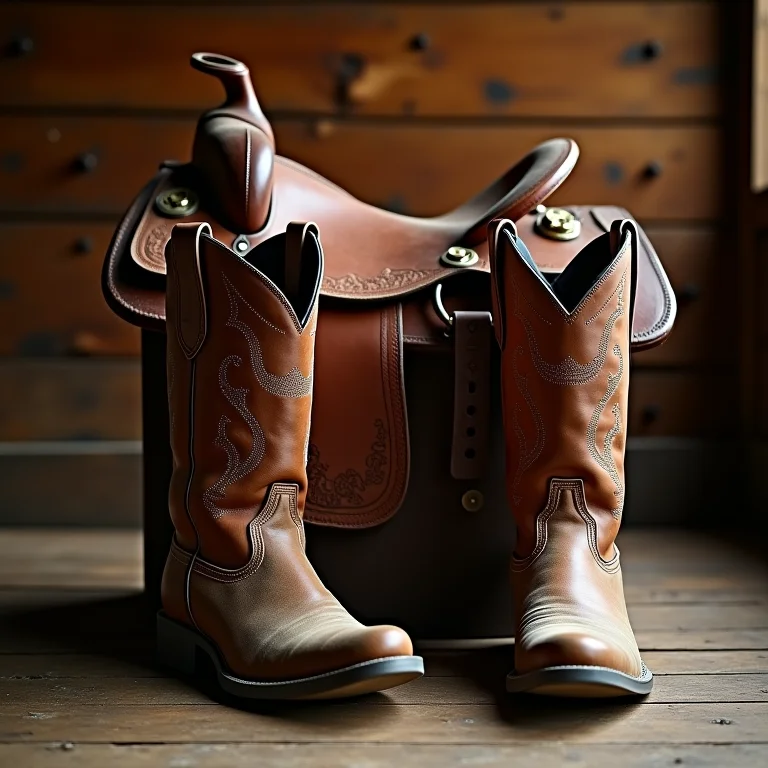 Sela de couro gasta e botas de cowboy em frente a um saloon