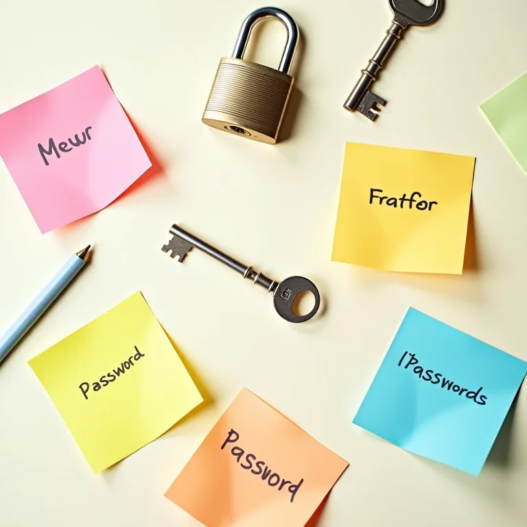 Senhas escritas em post-its coloridos, um cadeado e uma chave