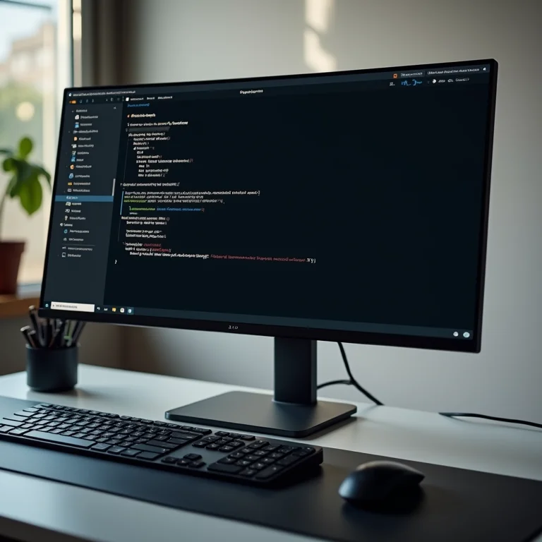 Setup de mesa minimalista com teclado, mouse e monitor mostrando configurações do sistema.