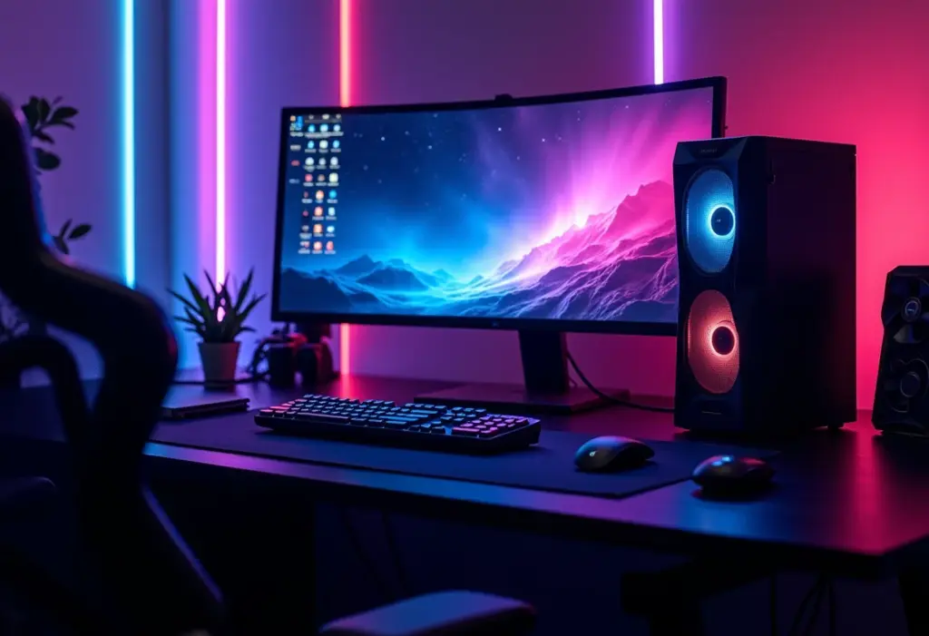 Setup gamer futurista com placas de vídeo GTX e RTX.