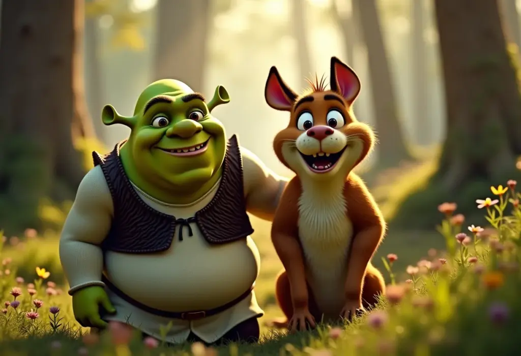 Shrek e Gato de Botas em uma floresta mágica