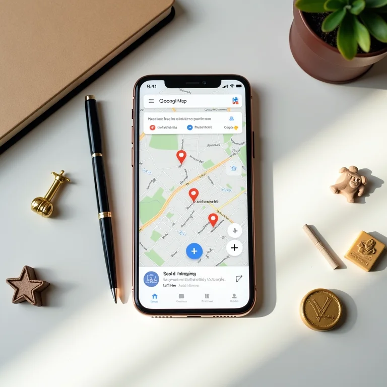Smartphone mostrando mapa com lugares favoritos salvos e itens de viagem.