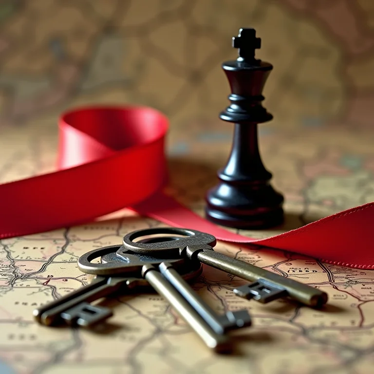 Still life com fita vermelha rasgada, peça de xadrez e chaves antigas