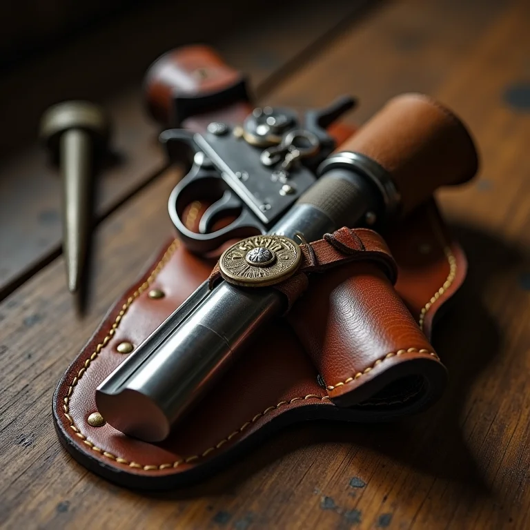 Still life com uma gaita, um coldre de couro desgastado com um revólver e um prego de ferrovia vintage.