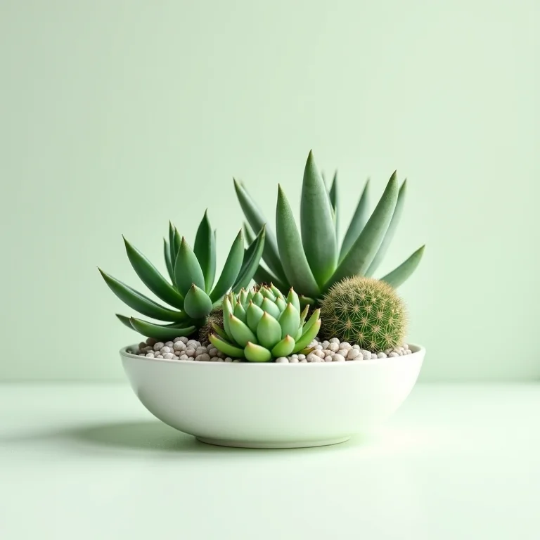 Suculentas e cactos em um vaso moderno.