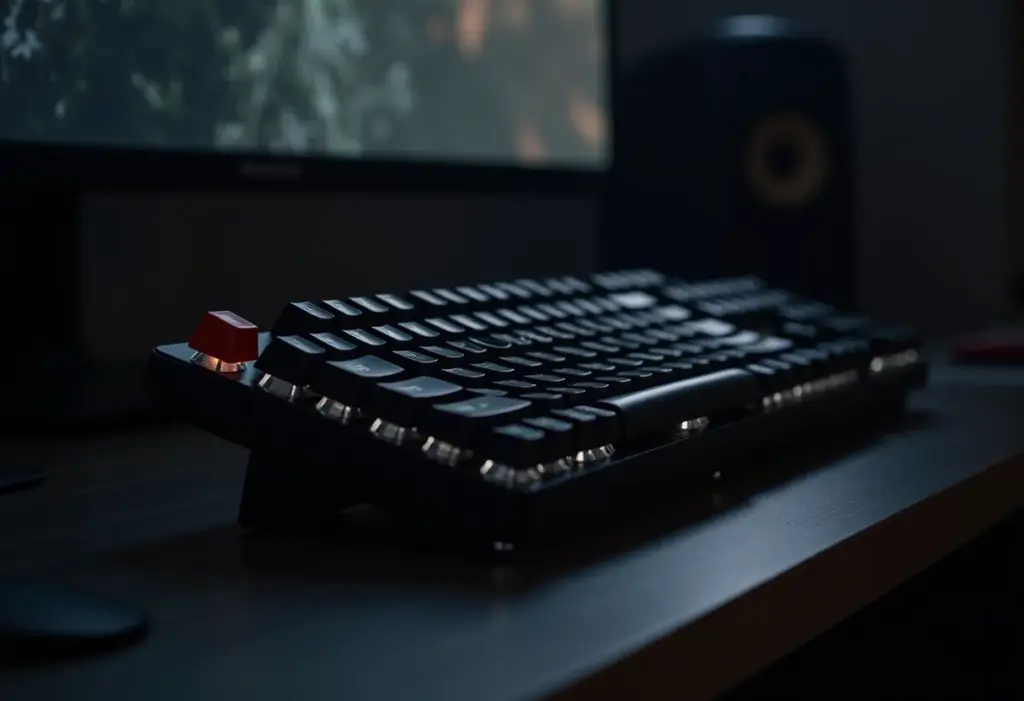 Teclado mecânico gamer em setup moderno.