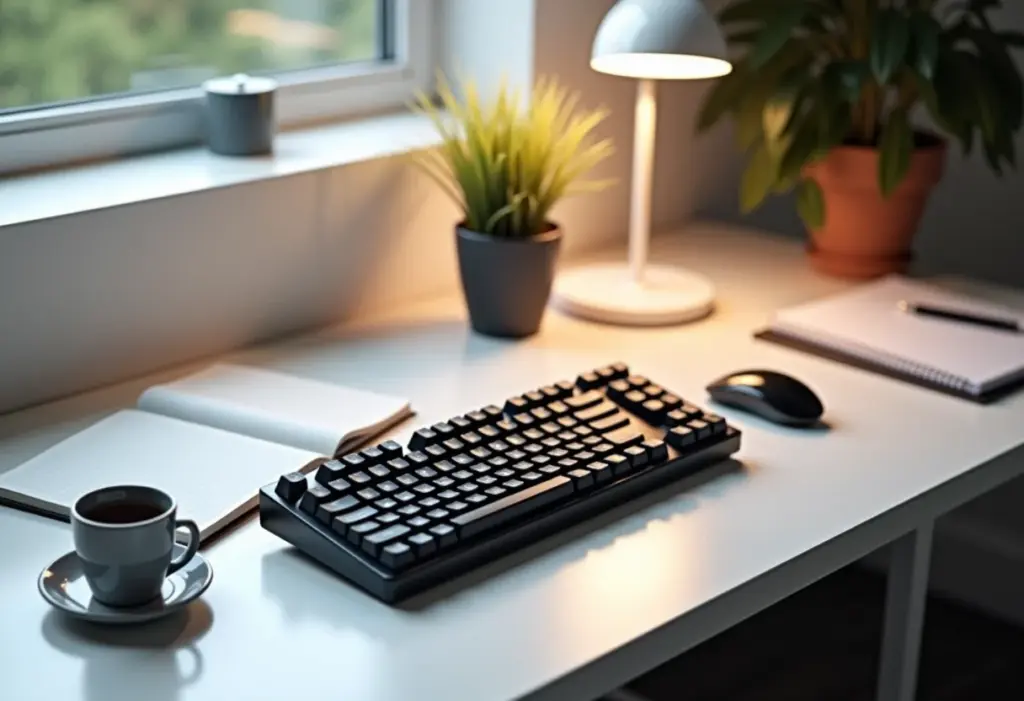 Teclado minimalista em setup de trabalho moderno