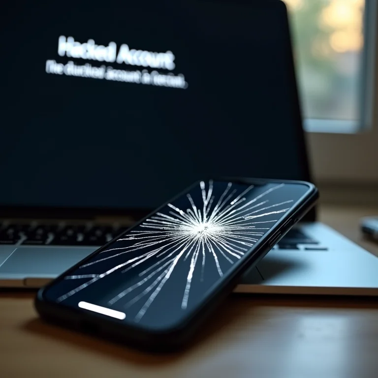 Tela de celular rachada ao lado de laptop com mensagem de 'Conta Hackeada'