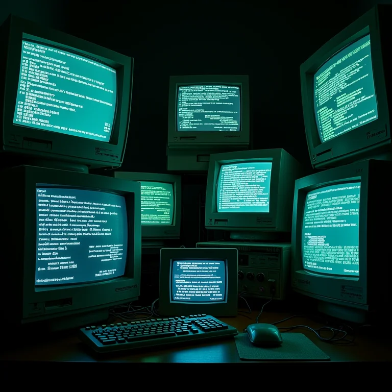Telas de computador antigas exibindo interfaces da internet primitiva e textos de creepypastas, ilustrando a evolução do terror online.
