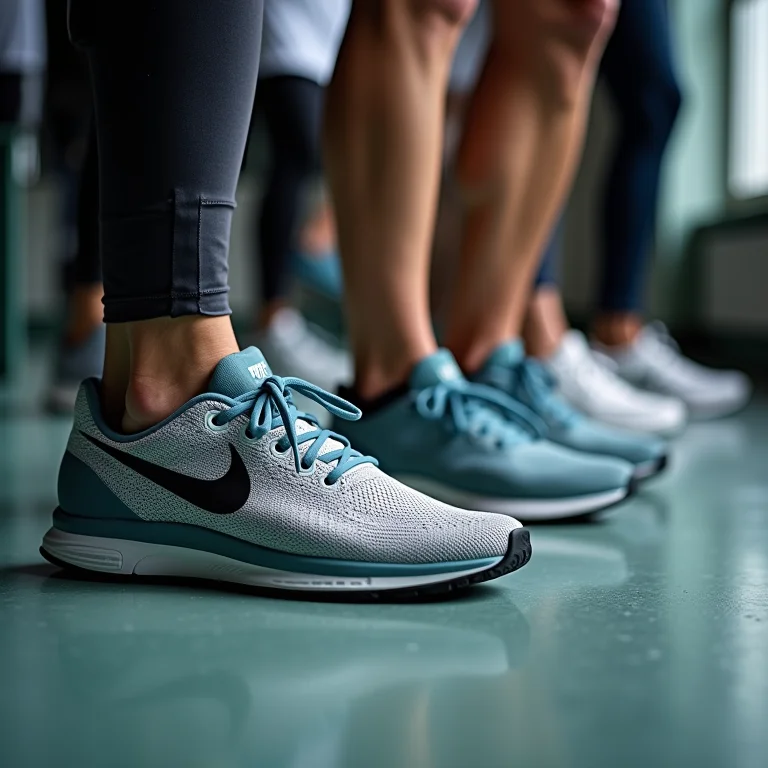 Tênis de corrida sendo testados em laboratório de biomecânica.