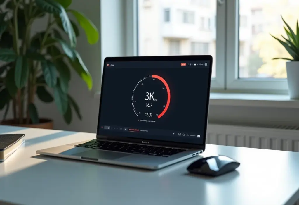 Teste de velocidade de internet sendo realizado em um laptop em um escritório moderno.