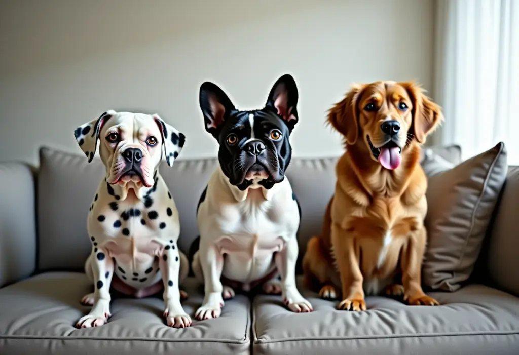 Nomes para trio de animais: Fuja do óbvio com estas ideias Três cachorros de raças diferentes juntos em um sofá moderno