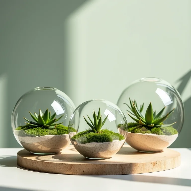 Três terrários com miniaturas de paisagens naturais