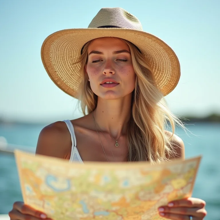 Turista explorando Alter do Chão com mapa.