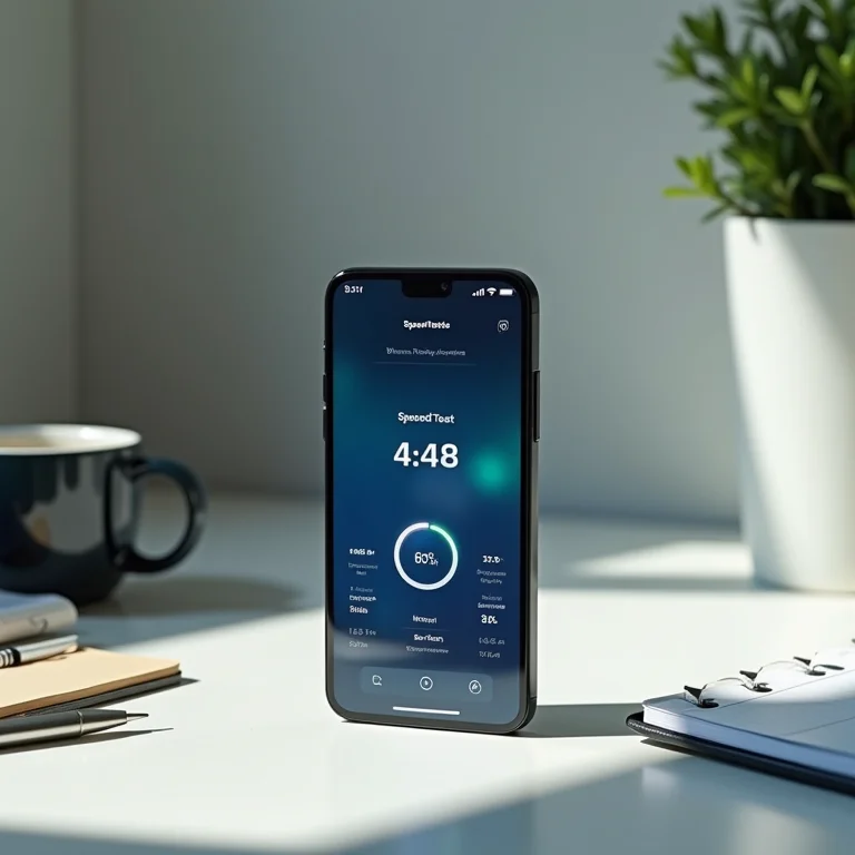 Um smartphone mostrando um aplicativo de teste de velocidade de internet.