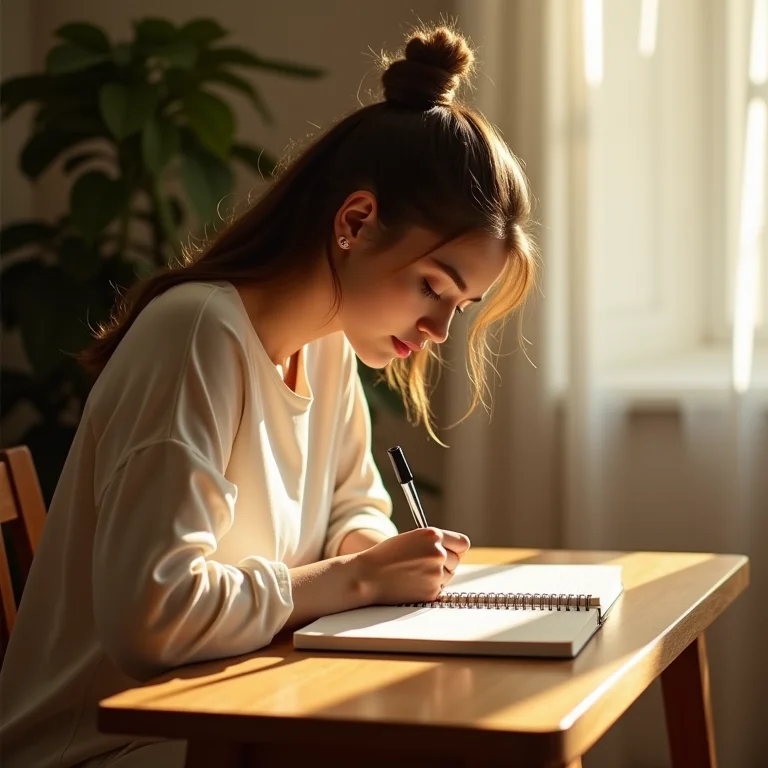 Uma mulher escrevendo em um caderno