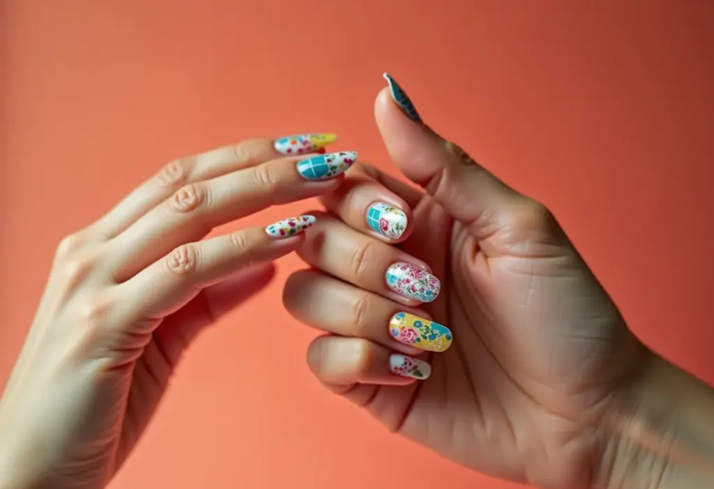 Unhas decoradas com fita adesiva em diversos padrões