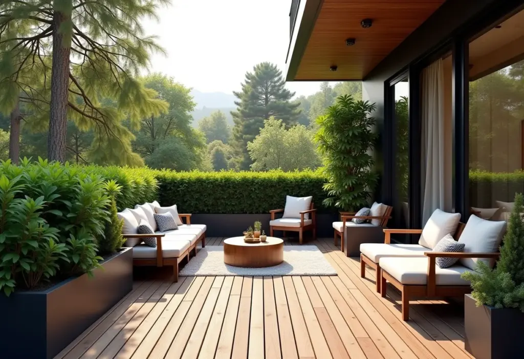 Decoração de varanda com deck: 7 erros que você precisa evitar Varanda decorada com deck de madeira e móveis confortáveis