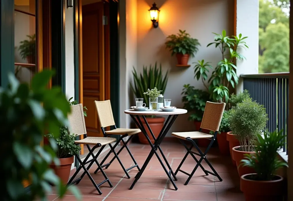 Decoração de varanda pequena: Ideias incríveis com mesa bistrô Varanda pequena decorada com mesa bistrô e plantas