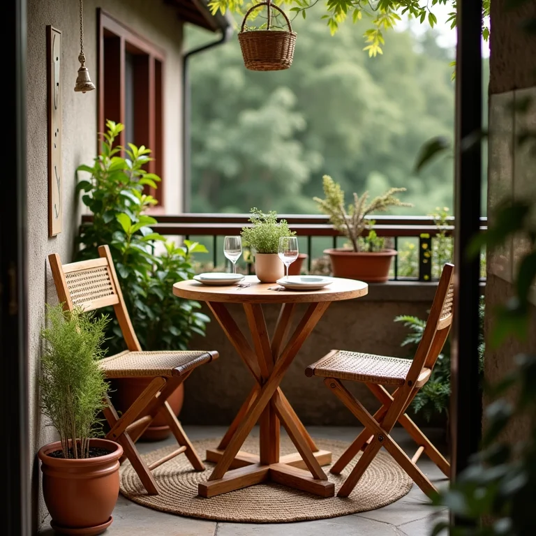 Varanda rústica com mesa bistrô de madeira