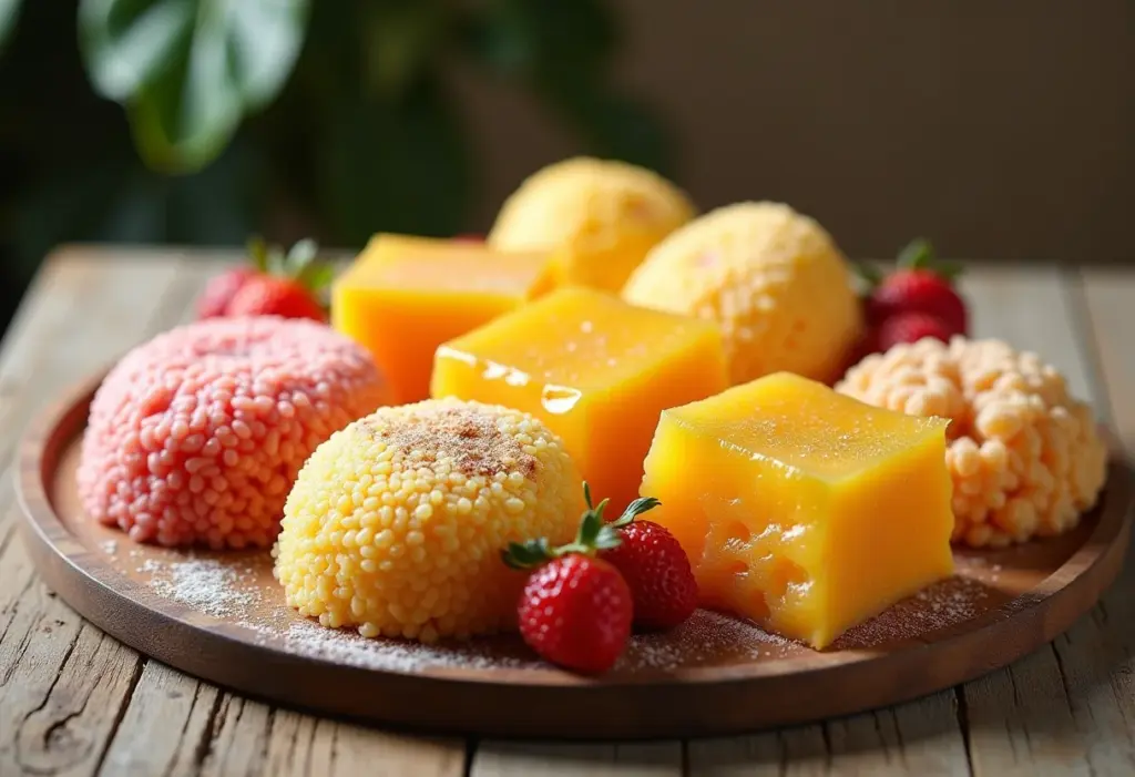 Variedade de crepiocas e tapiocas recheadas em mesa rústica