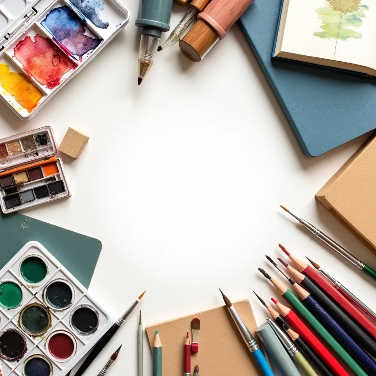 Variedade de materiais de arte dispostos de forma criativa, incentivando a expressão artística.