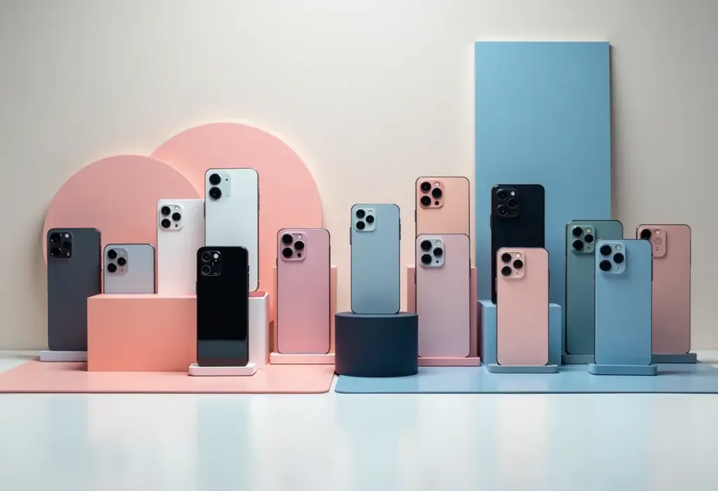 Vários celulares e acessórios de fotografia exibidos em um cenário clean