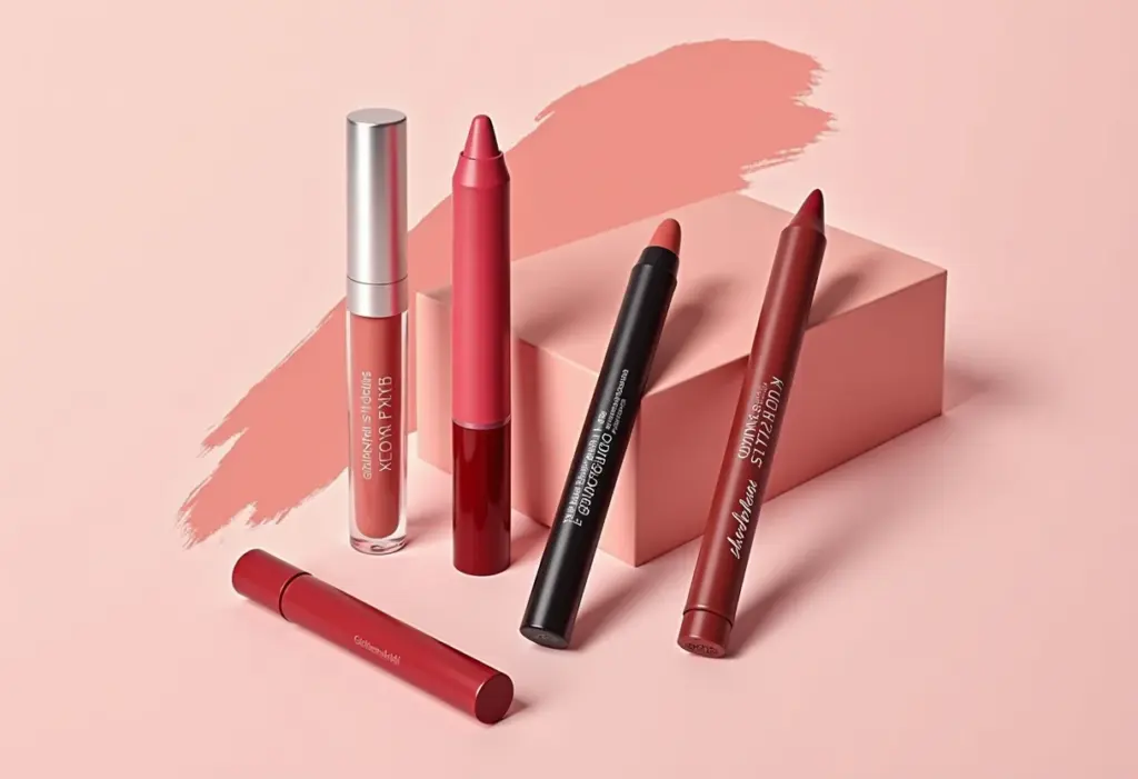 Vários lápis de boca de marcas diferentes dispostos artisticamente.