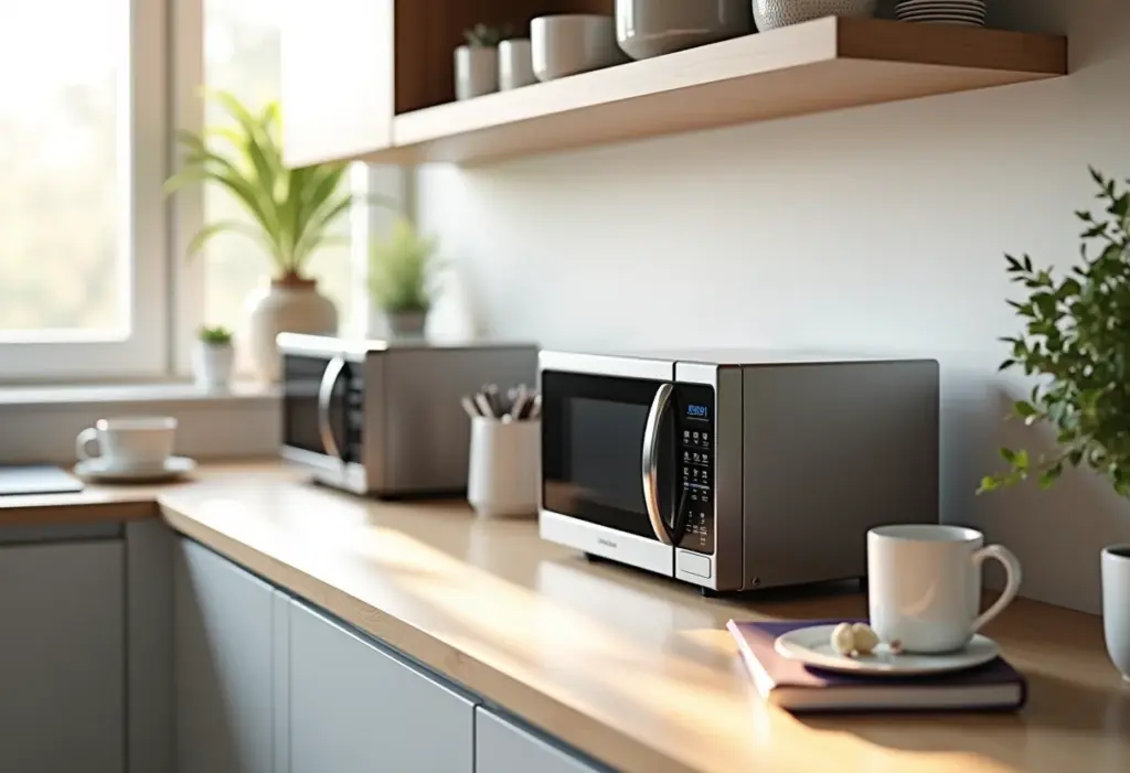 Vários modelos de microondas baratos em uma bancada de cozinha.