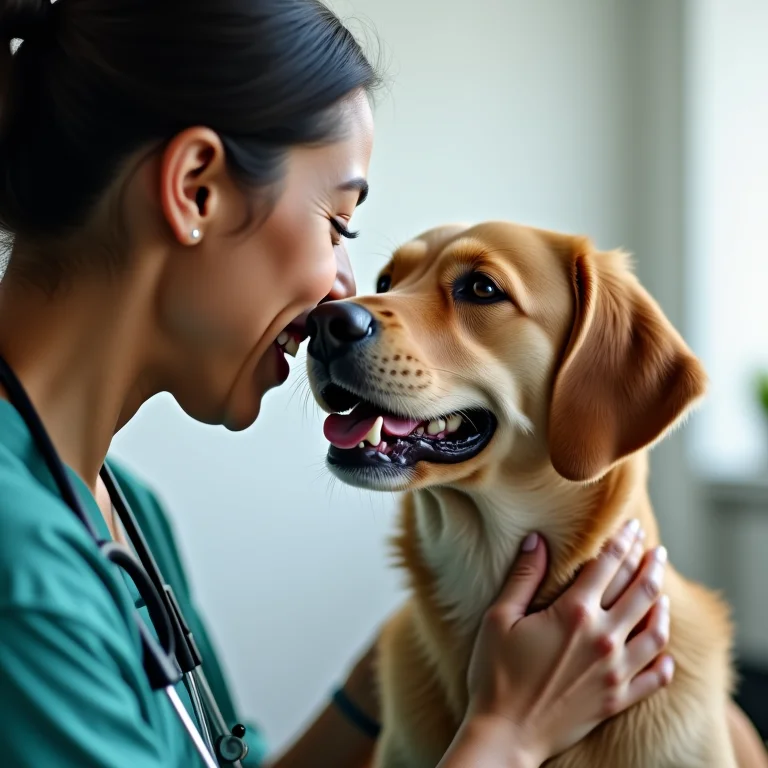 Veterinária examinando cachorro com dona