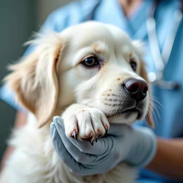 Veterinário examinando a pata de um cachorro branco