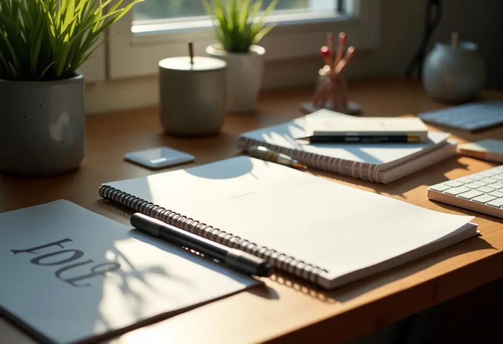 Papelaria personalizada: o guia definitivo para montar a sua em casa Visão geral de uma papelaria personalizada montada em casa, com materiais de alta qualidade.