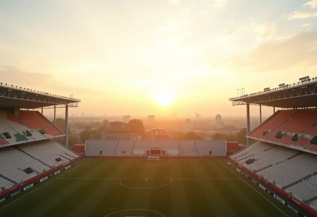 Visão panorâmica do Estádio Beira Rio ao entardecer.