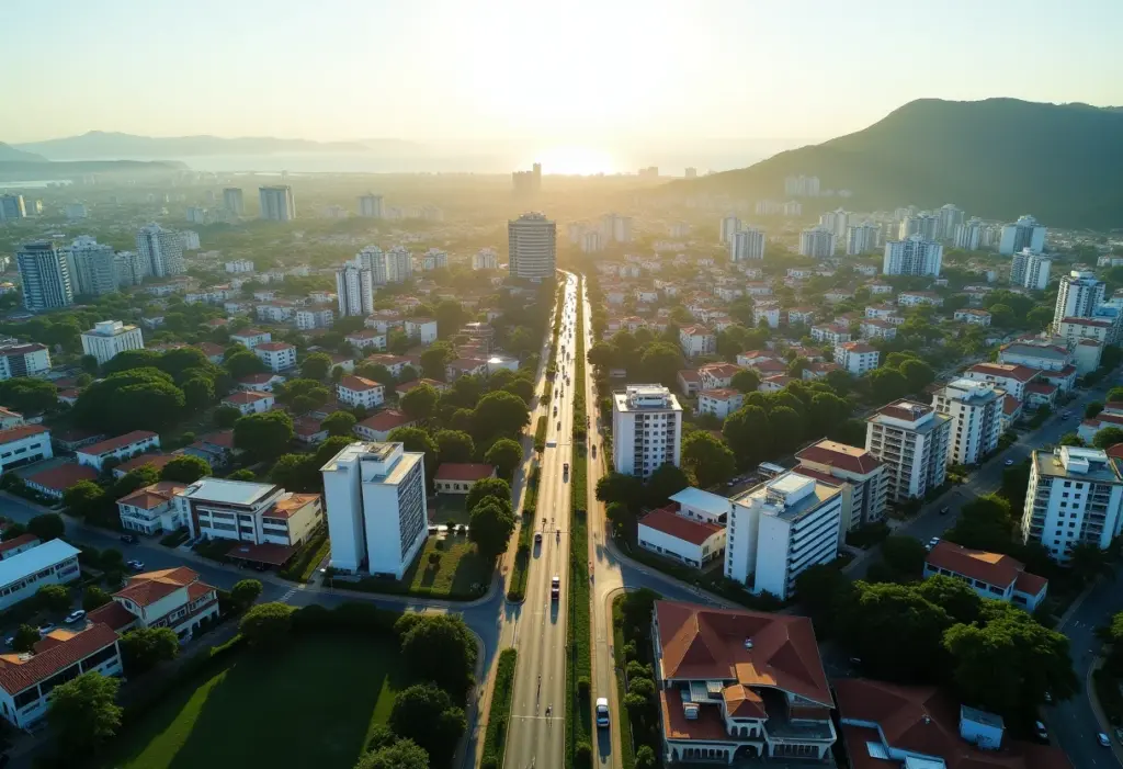 Vista aérea da cidade de Curitiba, com arquitetura moderna e áreas verdes.